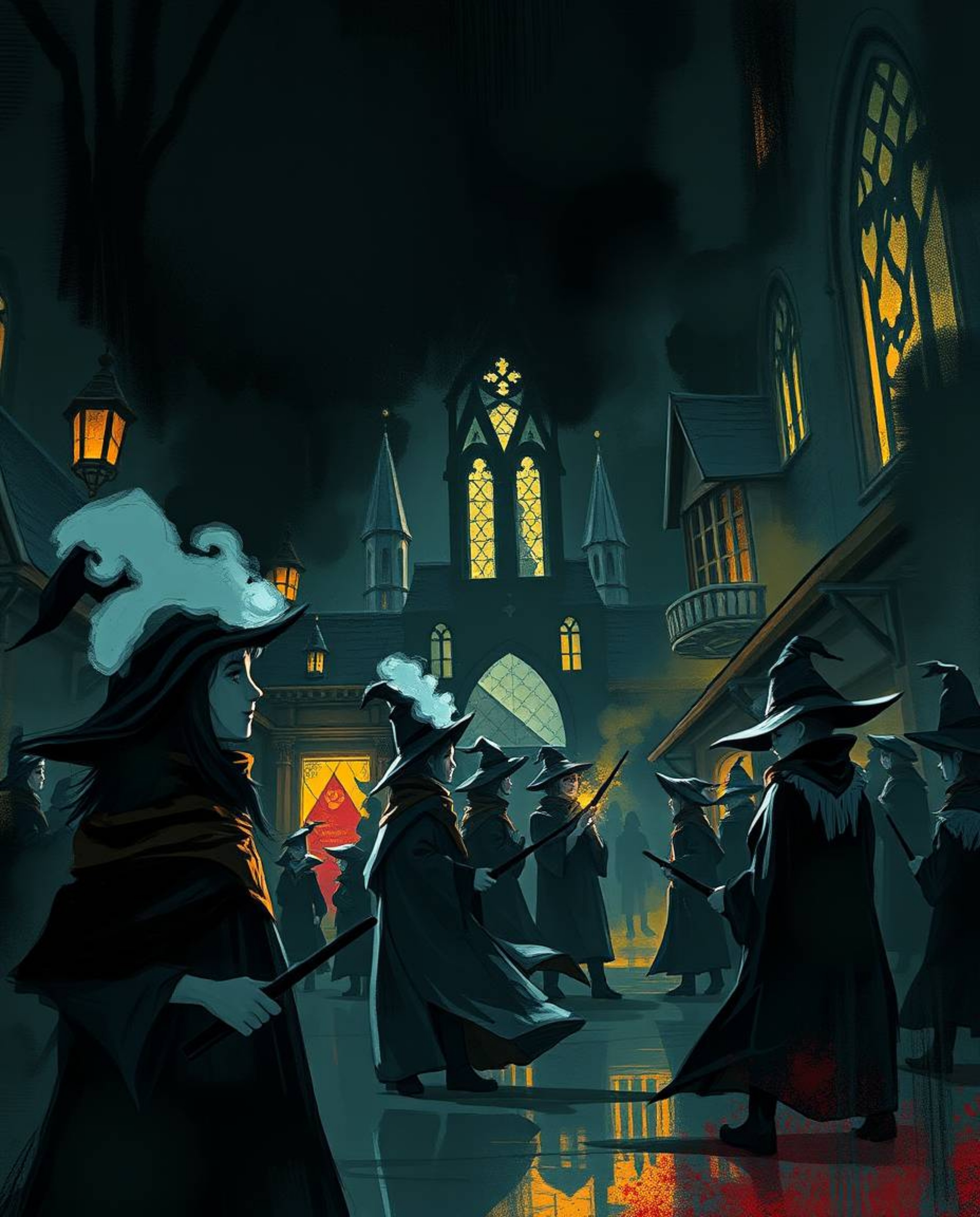Explore a digitally sketched magical school teeming with young wizards, rendered in intense blacks and deep shadows accentuat