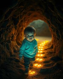 A child with a serene expression embarks on a captivating journey, guided by a trail of radiant footsteps leading into a myst