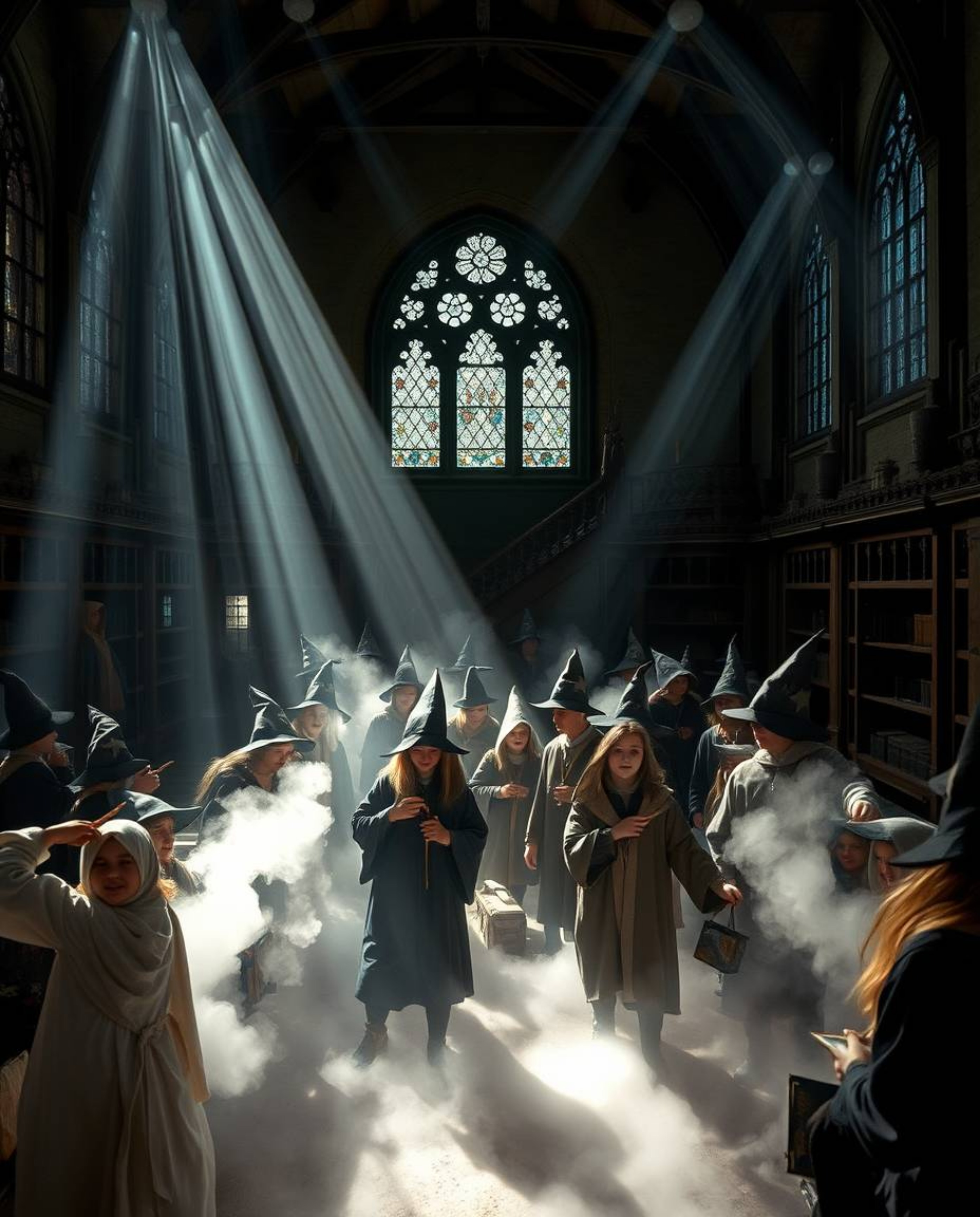 Immerse yourself in a magical school teeming with young wizards, where volumetric lighting creates an ethereal atmosphere. Li