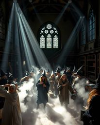 Immerse yourself in a magical school teeming with young wizards, where volumetric lighting creates an ethereal atmosphere. Li
