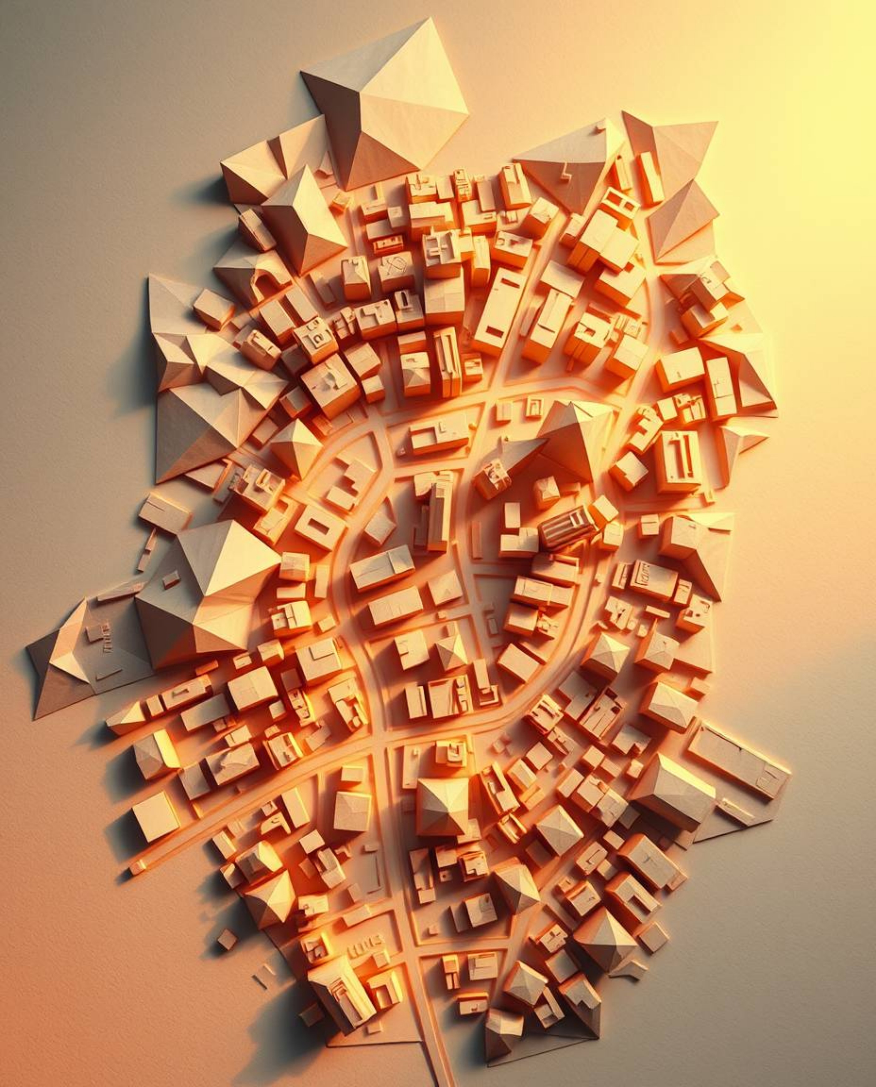 Discover a stunning abstract city map crafted from intricate geometric shapes.  This top-down view showcases a unique origami