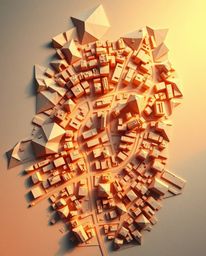Discover a stunning abstract city map crafted from intricate geometric shapes.  This top-down view showcases a unique origami