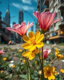 A collection of images showcasing the unexpected beauty of flowers blooming in a post-apocalyptic city.  These tight close-up