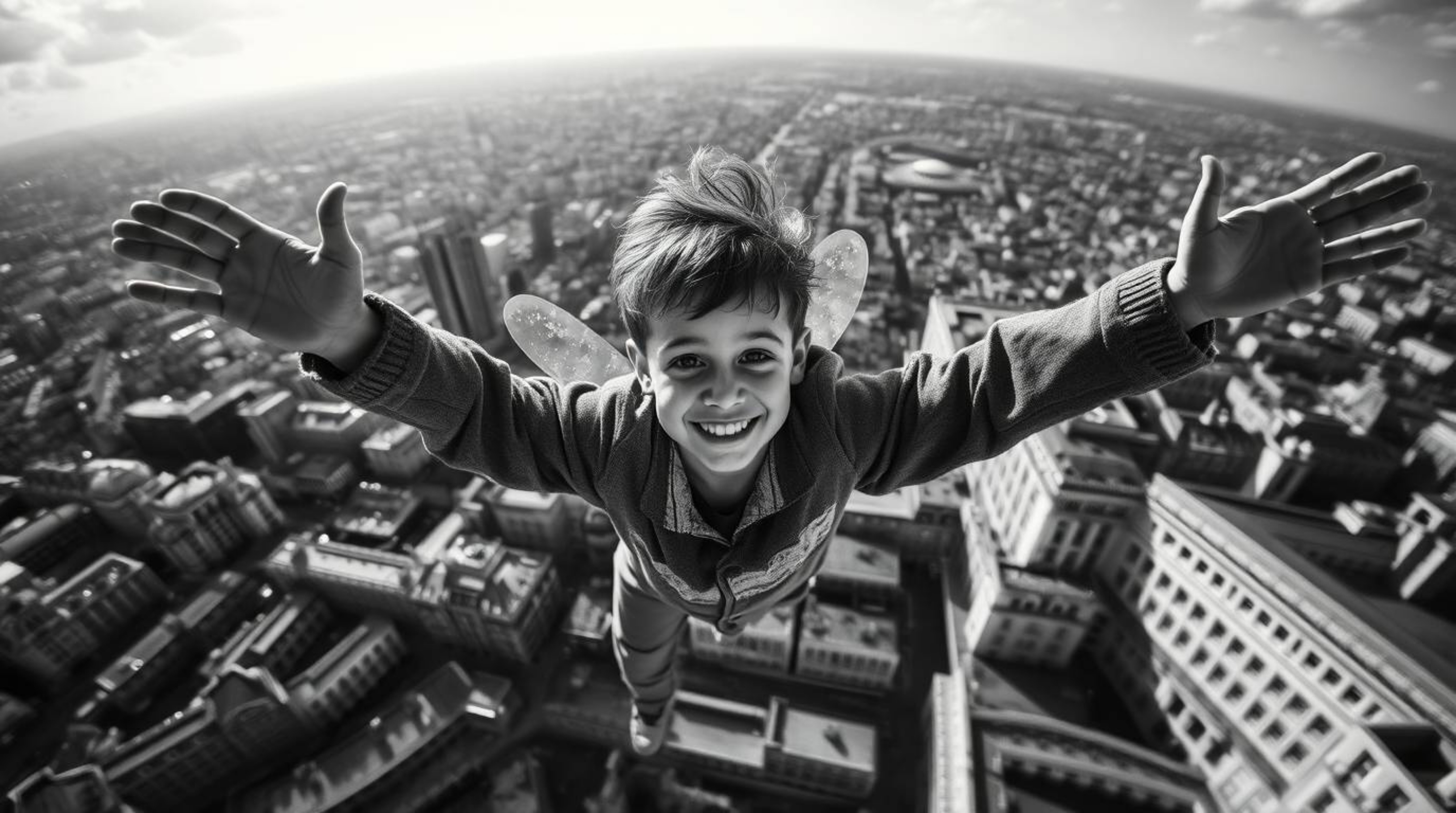 A high-angle, black and white photograph captures a young boy soaring above London, powered by pixie dust.  The image utilize