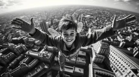 A high-angle, black and white photograph captures a young boy soaring above London, powered by pixie dust.  The image utilize