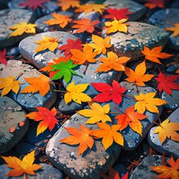 A vibrant image showcasing a pile of colorful autumn leaves adorned with delicate dew droplets. The leaves rest gracefully on