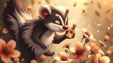 A whimsical high-angle perspective showcases a cartoon skunk playfully spraying perfume onto delicate flowers, rendered in a 
