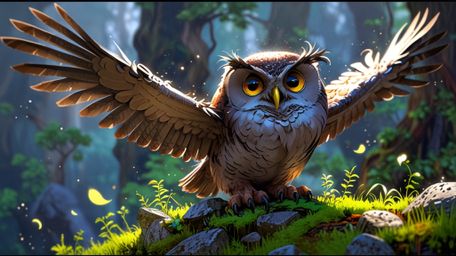 In a beautifully serene and atmospheric scene, created in a blend of Pixar and anime styles, a wise blind owl is depicted sit