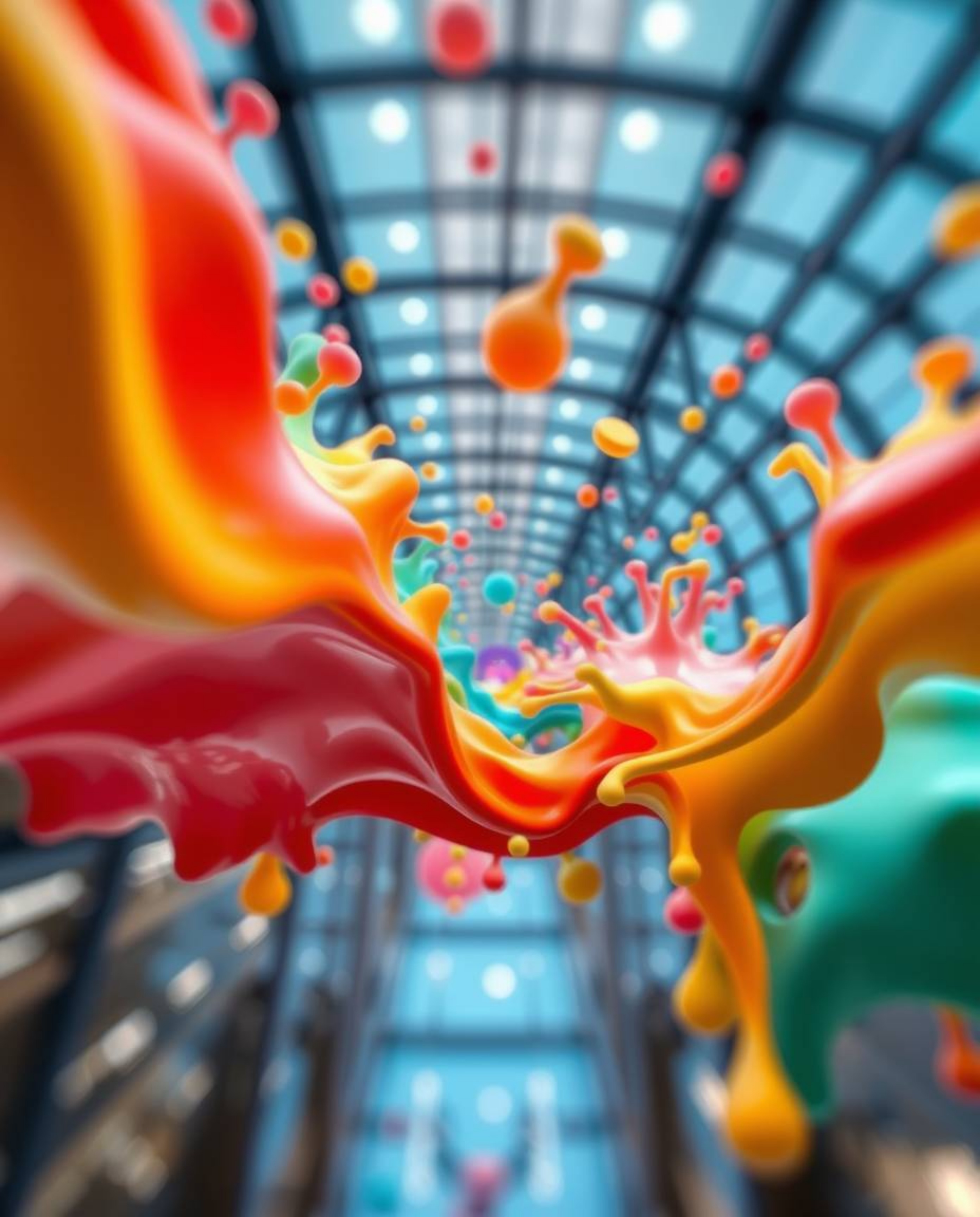 Explore a stunning architectural color photograph featuring abstract 3D colorful splash shapes seemingly floating in space. T