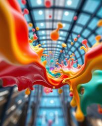 Explore a stunning architectural color photograph featuring abstract 3D colorful splash shapes seemingly floating in space. T