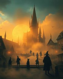 Discover a dreamlike magical school brimming with young wizards, bathed in a warm golden glow. Thick fog shrouds distant str