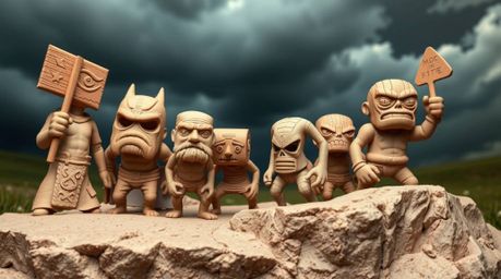 Discover a captivating clay sculpture depicting a team of misfit heroes.  This artwork showcases expertly modeled shapes, tex