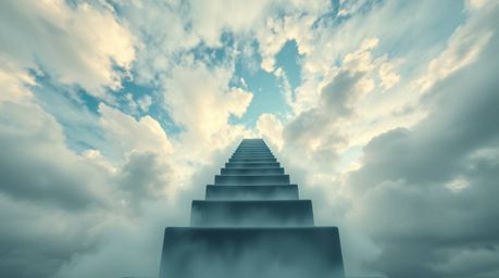 A captivating image depicting a winding stairway of smoke and light, ascending into a vast and cloudy sky.  The low-angle per
