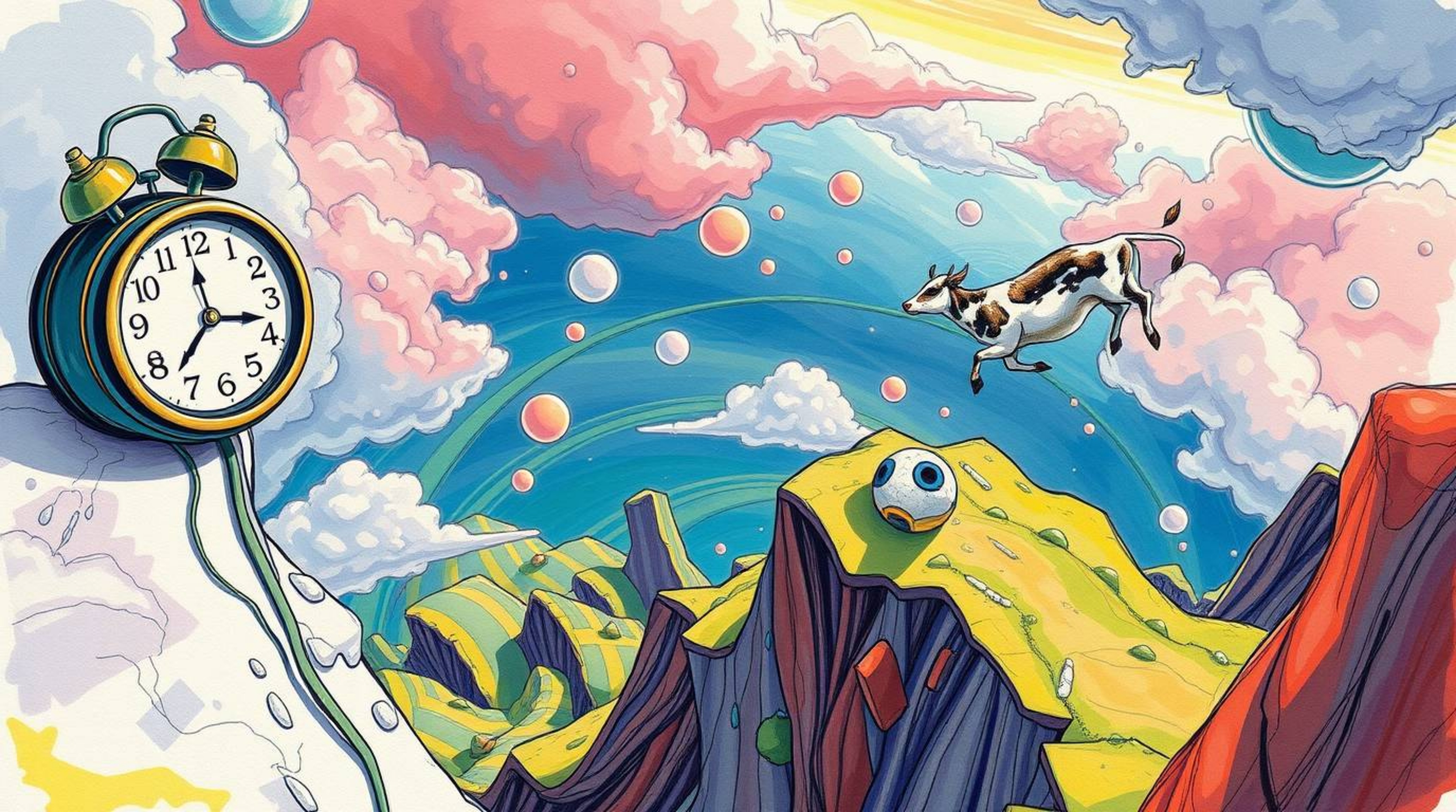 A captivating hand-drawn sketch depicting a surreal dreamscape.  This vibrant color sketchnote features melting clocks and fl