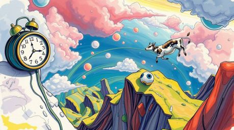 A captivating hand-drawn sketch depicting a surreal dreamscape.  This vibrant color sketchnote features melting clocks and fl