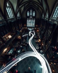 Experience the magic through a captivating long exposure photograph.  This high-angle shot reveals a sprawling magical school