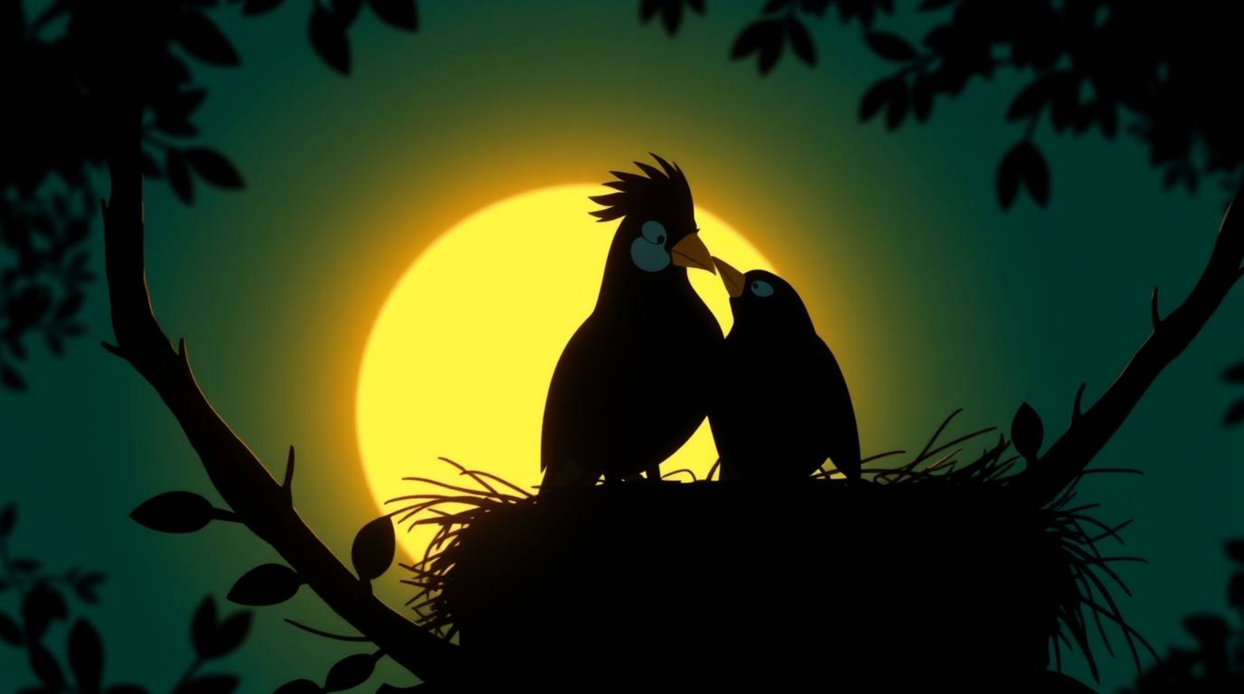 A vibrant and luxurious illustration featuring two cartoon birds in a classic animation style building a nest, silhouetted ag