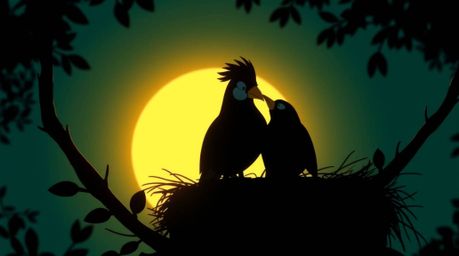 A vibrant and luxurious illustration featuring two cartoon birds in a classic animation style building a nest, silhouetted ag