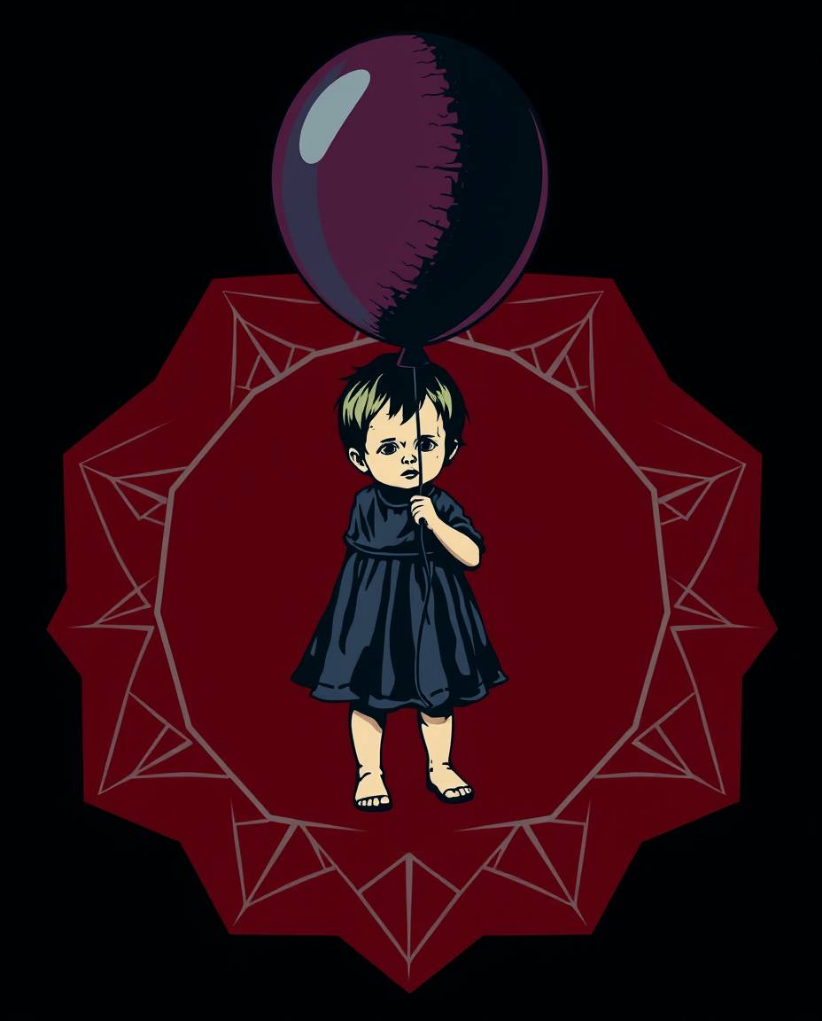 A captivating image featuring a child holding a balloon against a backdrop of a rich burgundy and deep blue logo. The logo in