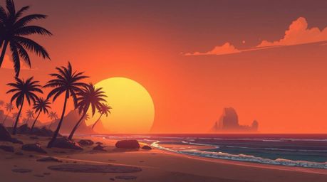 A captivating futuristic sci-fi illustration depicts a serene tropical beach sunset. Palm trees gently sway under a muted pal