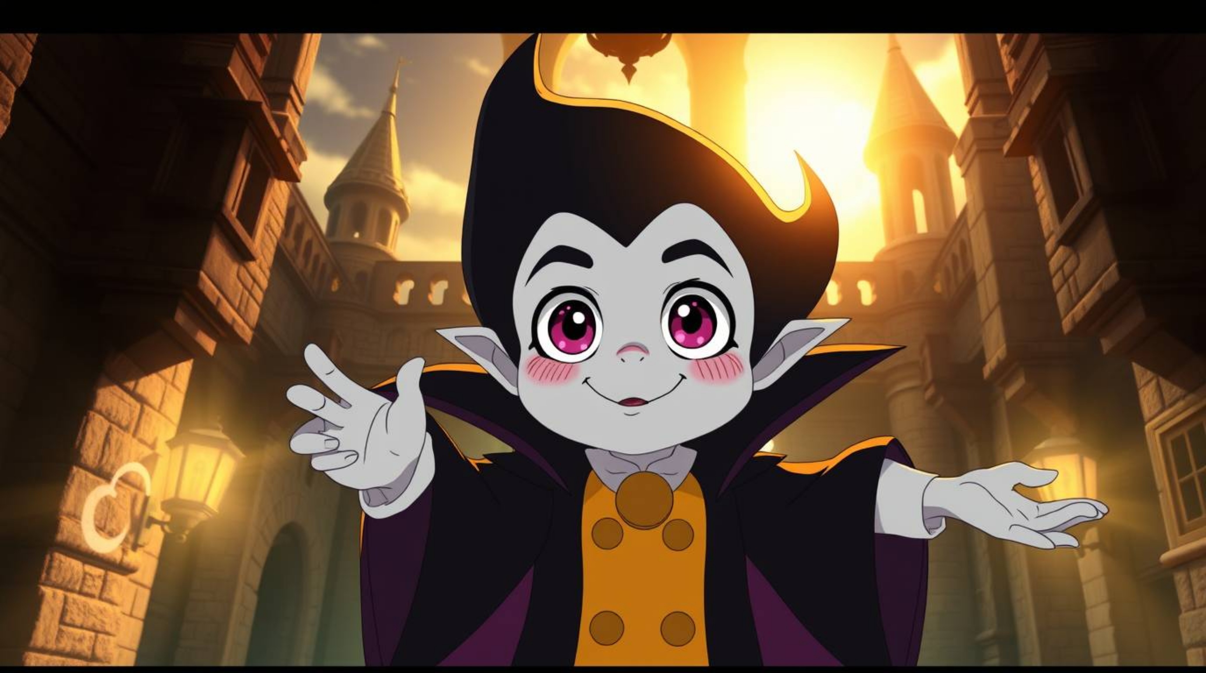 An adorable, anime-style Disney villain with captivating large eyes and rosy cheeks casts a magical spell within an ancient c