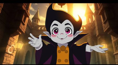 An adorable, anime-style Disney villain with captivating large eyes and rosy cheeks casts a magical spell within an ancient c
