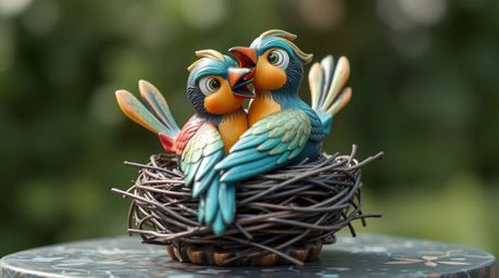 This exquisite cast bronze sculpture depicts two charming cartoon birds diligently building their nest.  Rendered in a classi