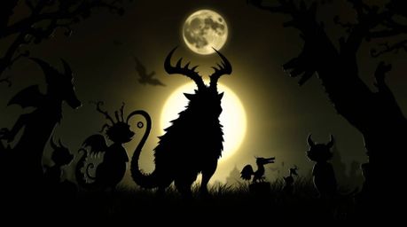 Explore a fantastical kingdom brimming with quirky, magical creatures silhouetted against a radiant backlight, creating an en