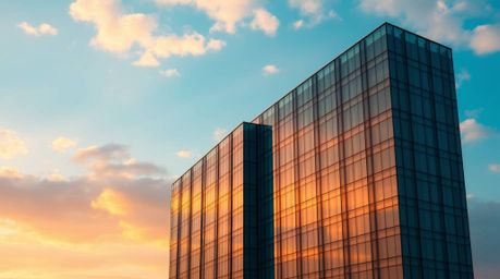 A modern glass building seamlessly blending into a sky filled with soft clouds, bathed in warm terracotta and cool teal hues 