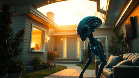 Discover a captivating scene of an alien inhabitant settling into a cozy suburban house, bathed in the warm glow of golden ho