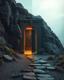 A cinematic image showcases an ancient doorway, etched with glowing runes, embedded within a majestic mountain. The scene is 