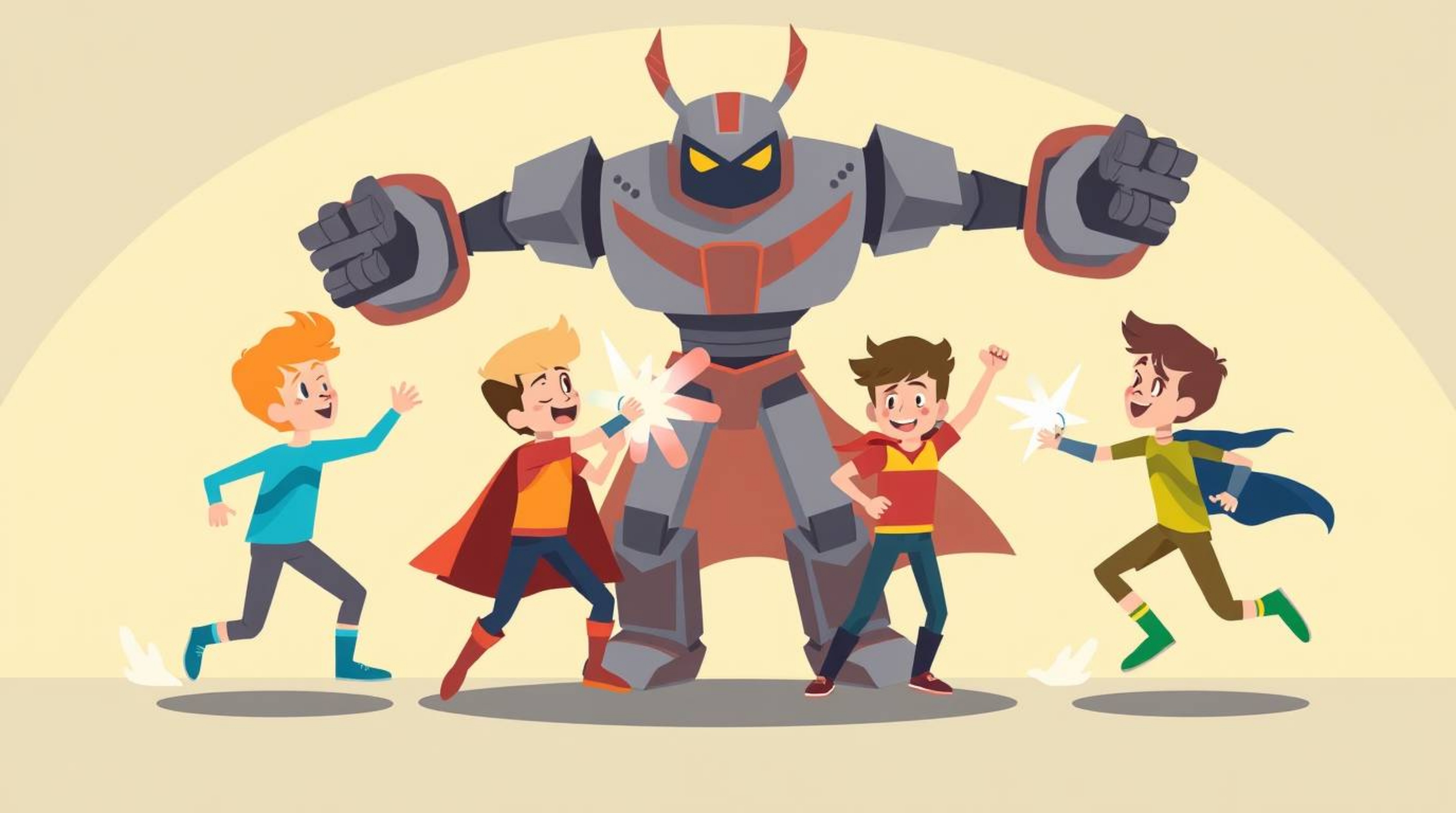 A modern and flat design illustration portrays three superpowered kids in a dynamic battle against a robot. The artwork utili