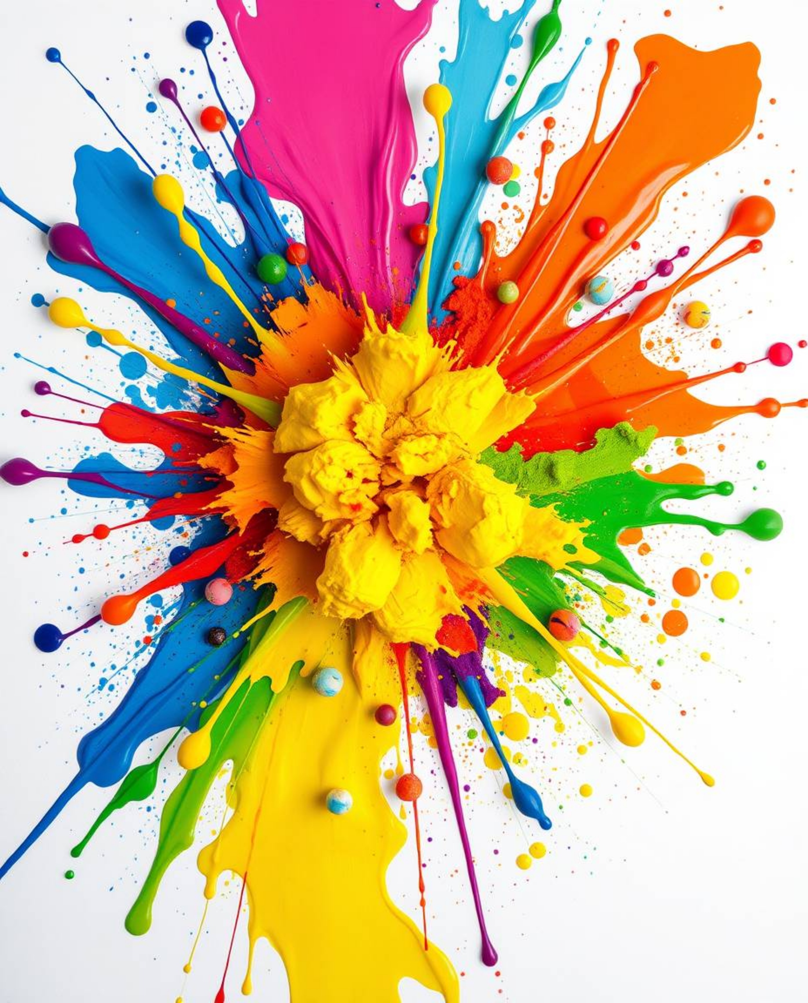 A vibrant explosion of colorful paint splashes across a pristine white canvas, creating a stunning abstract art piece. Presen