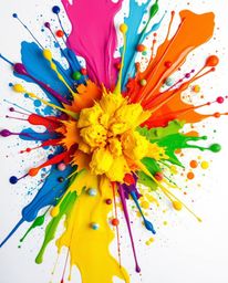 A vibrant explosion of colorful paint splashes across a pristine white canvas, creating a stunning abstract art piece. Presen