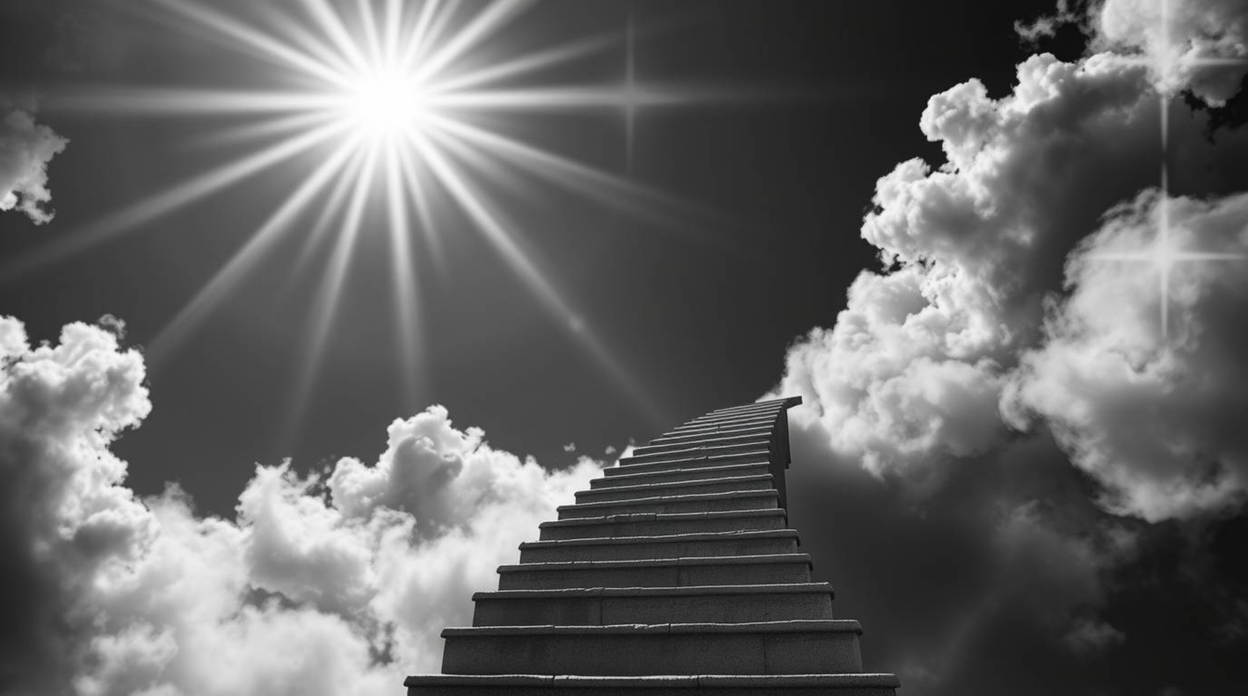 A classic black and white image featuring a surreal stairway suspended in smoky clouds, ascending towards a bright light, sym