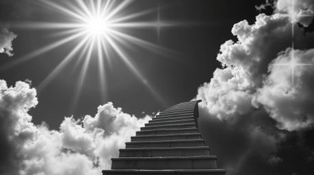 A classic black and white image featuring a surreal stairway suspended in smoky clouds, ascending towards a bright light, sym