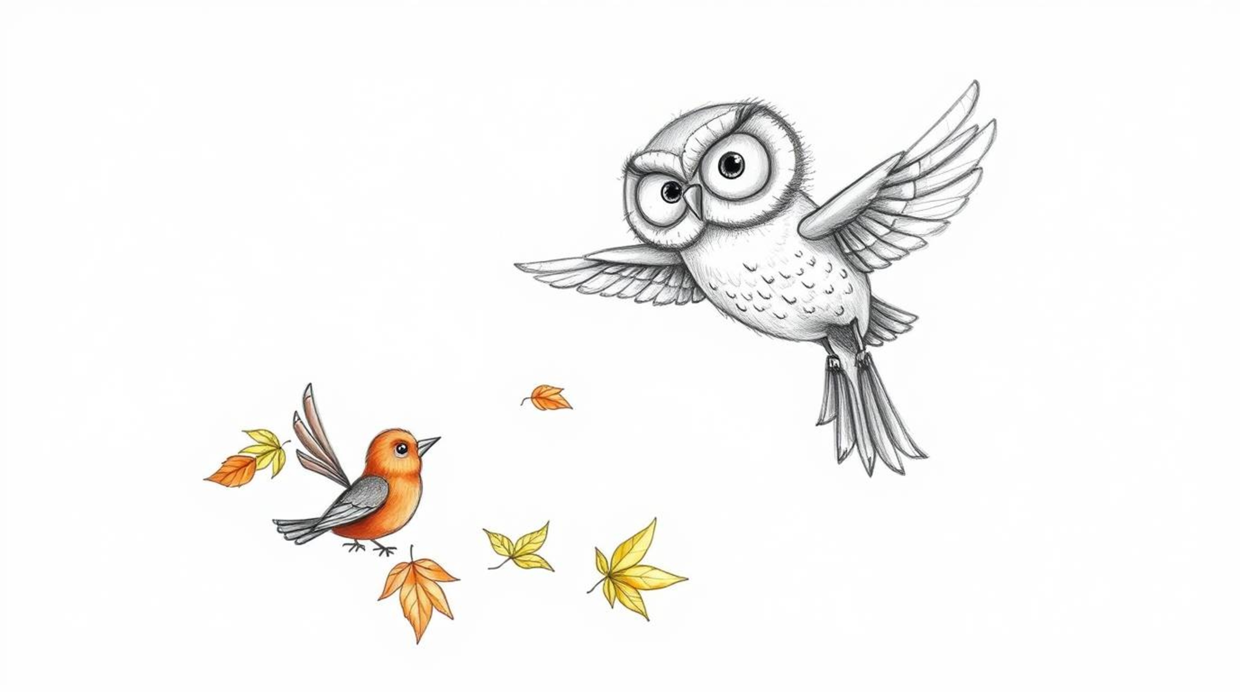 A heartwarming hand-drawn sketch in the style of Pixar depicts a blind owl with soft, downy feathers guiding a flock of color
