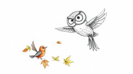 A heartwarming hand-drawn sketch in the style of Pixar depicts a blind owl with soft, downy feathers guiding a flock of color