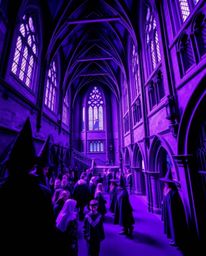 A stunning architectural photograph showcasing a magical school teeming with young wizards. Captured with deep ultraviolet hu