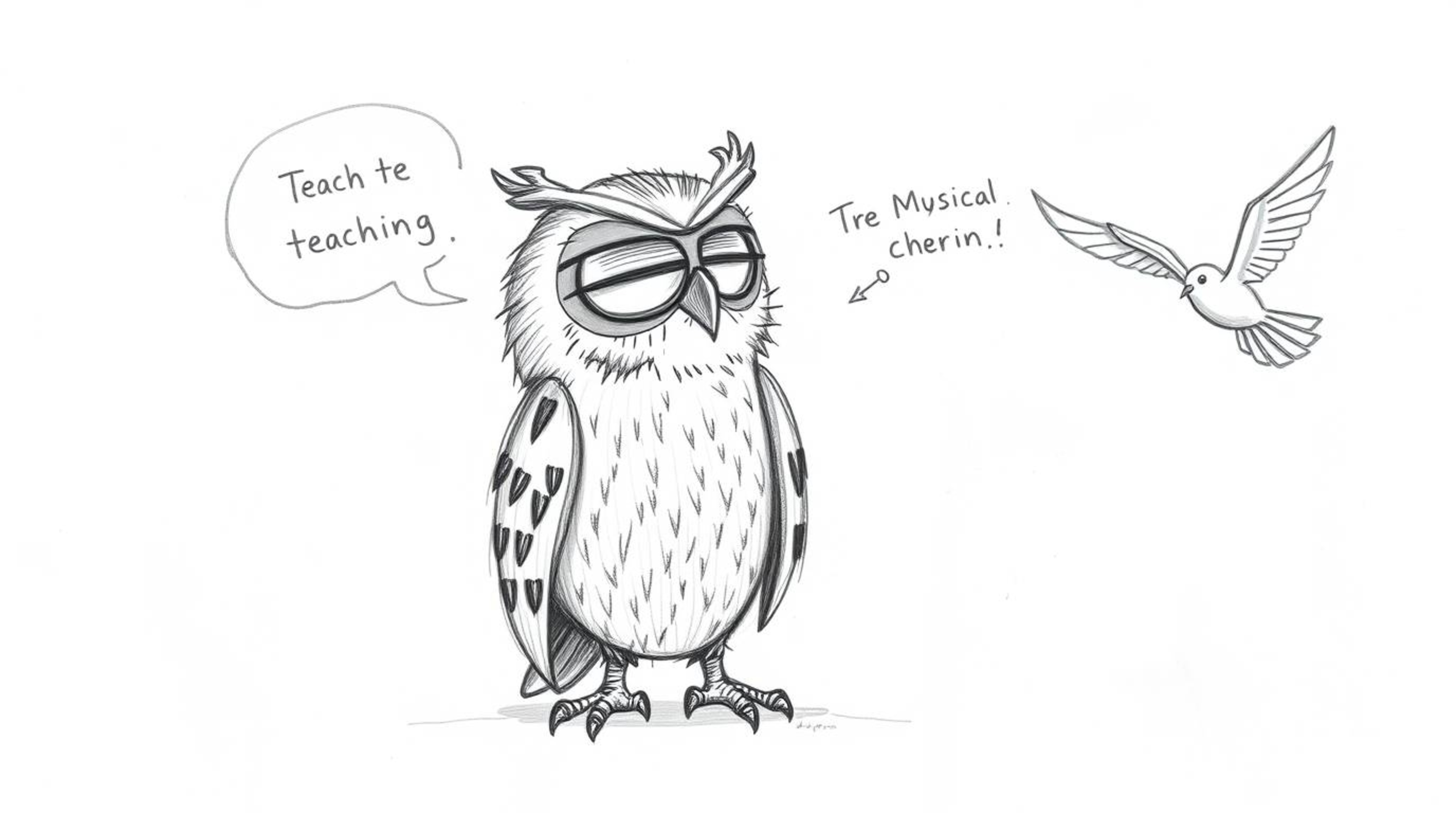 A whimsical, hand-drawn sketch in the style of Pixar depicts a wise, blind owl with textured pencil strokes lovingly guiding 