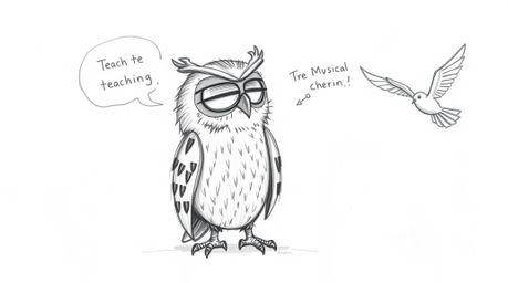 A whimsical, hand-drawn sketch in the style of Pixar depicts a wise, blind owl with textured pencil strokes lovingly guiding 