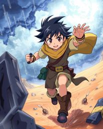 Embark on a thrilling isekai anime adventure with a brave, Disney-style hero facing intense dramatic weather in a desert land