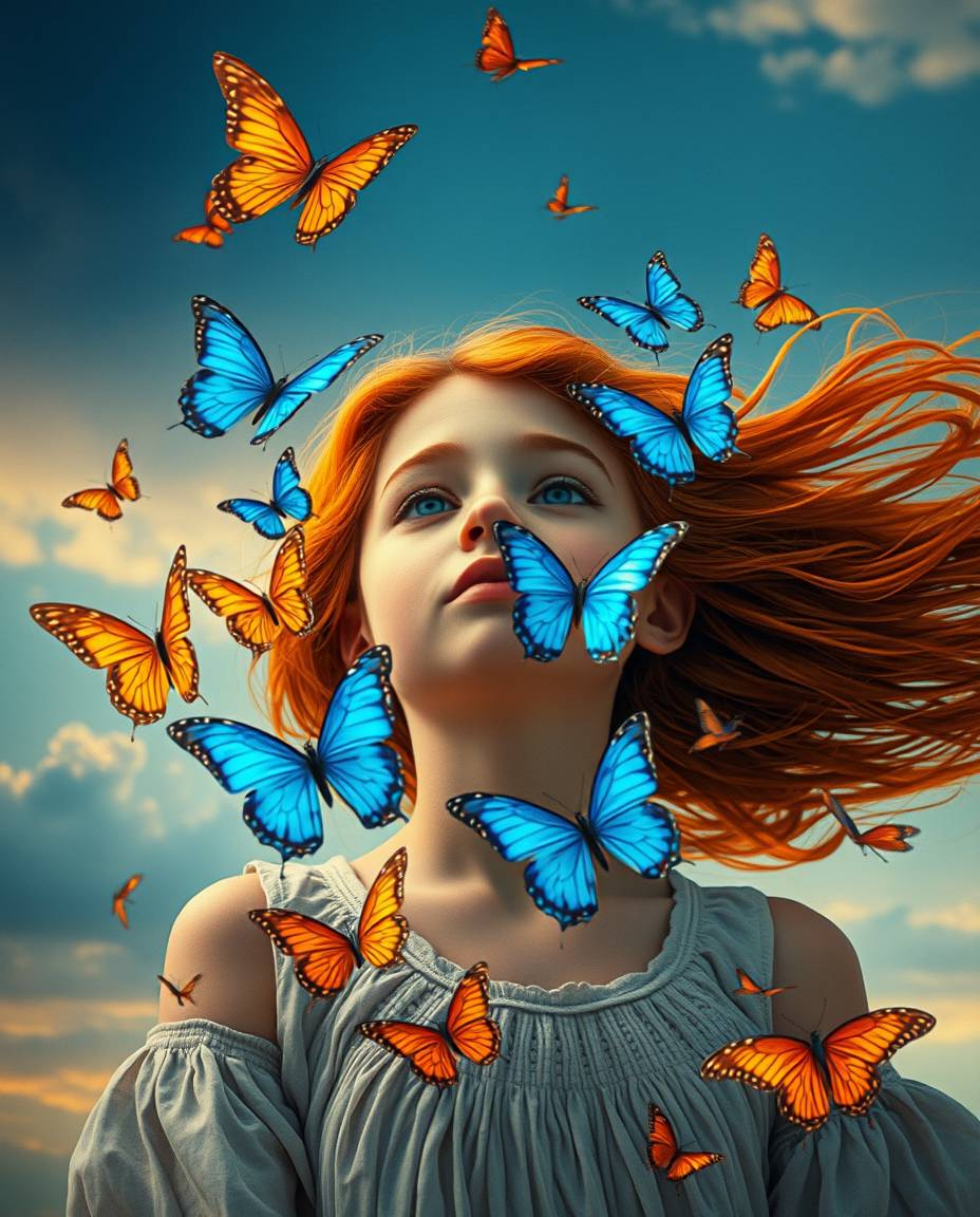 A captivating image of a girl with flowing auburn hair releasing vibrant blue and orange butterflies into a dramatic, film-gr
