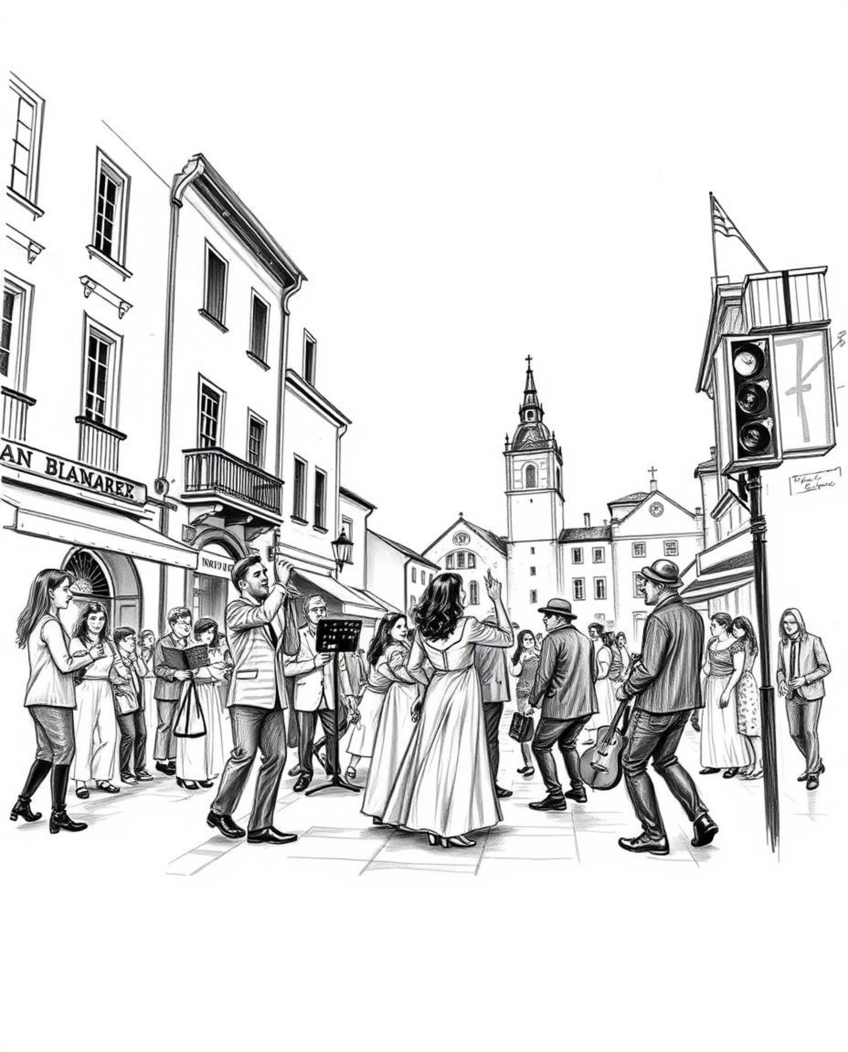A classic black and white hand-drawn sketch showcases a vibrant musical performance in a bright town square.  The artwork fea