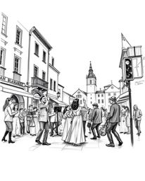A classic black and white hand-drawn sketch showcases a vibrant musical performance in a bright town square.  The artwork fea