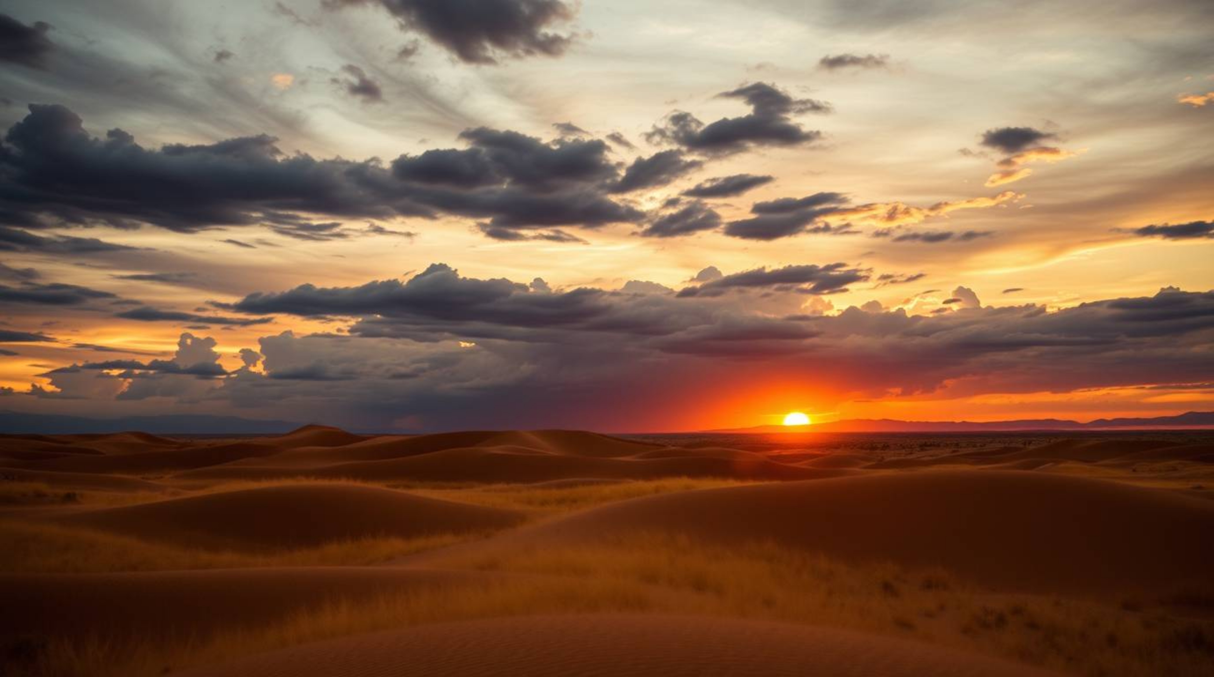 A captivating professional photograph showcases a dramatic sunset over golden desert dunes, contrasted against a stormy sky. 
