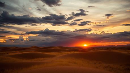A captivating professional photograph showcases a dramatic sunset over golden desert dunes, contrasted against a stormy sky. 