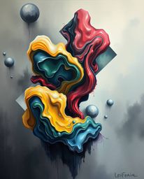 This classic oil painting presents a captivating abstract composition, showcasing colorful 3D fluid shapes gracefully interac