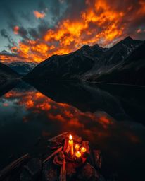 An overhead, bird's-eye view photograph captures the stunning reflections of fiery clouds in a mountain lake. The scene is il