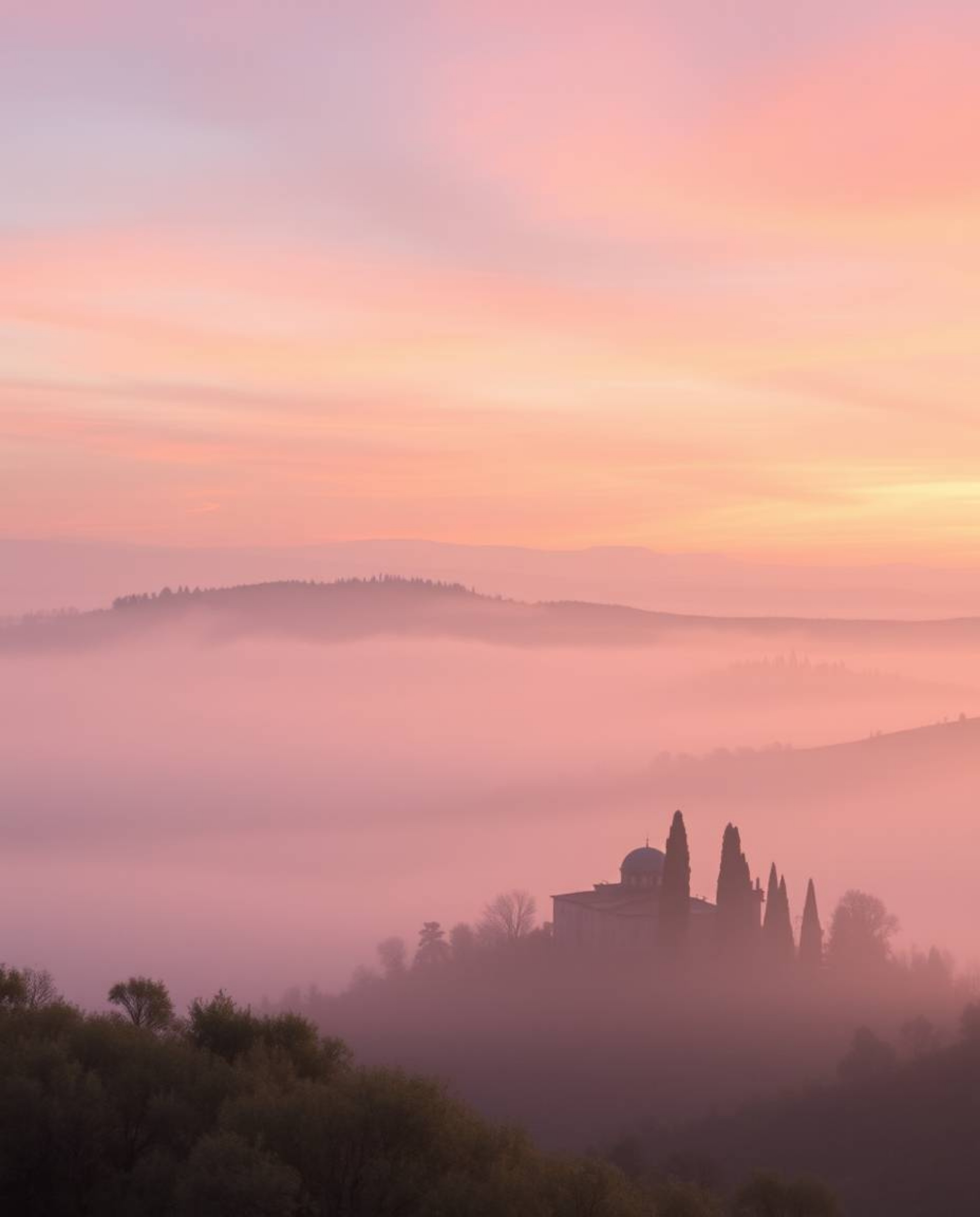 A soft pastel sunset over enchanting, misty Tuscan hills, ethereal and dreamlike, with gentle color contrasts and an otherwor